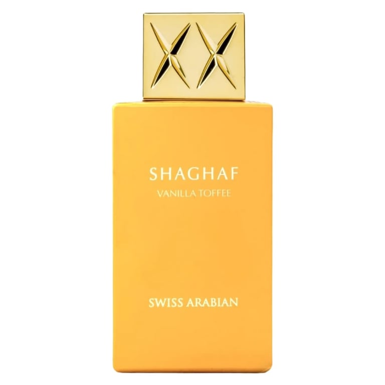 Shaghaf Vanilla Toffee perfume bottle by Swiss Arabian with gold cap and yellow rectangular design
