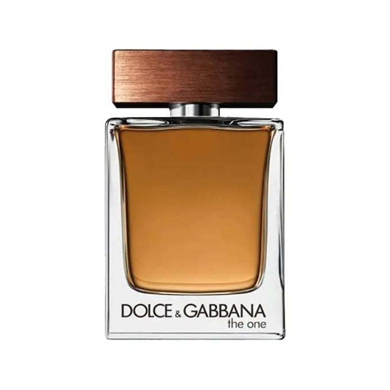 Dolce & Gabbana The One fragrance bottle with bronze cap and golden-amber liquid against white background