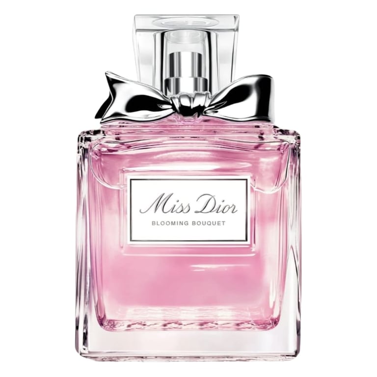 Miss Dior Blooming Bouquet fragrance bottle with pink liquid and silver bow-topped cap on white background