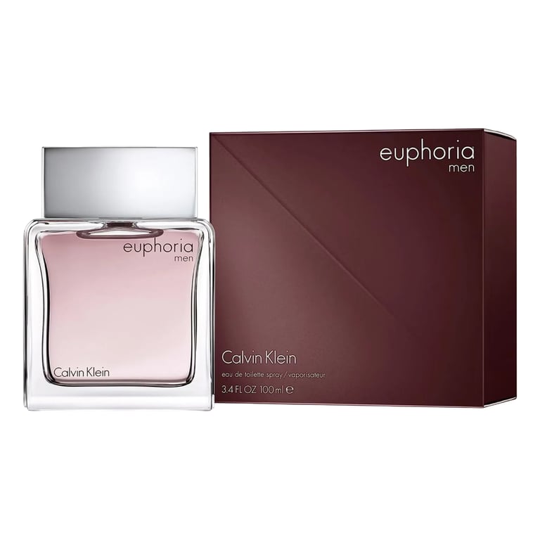Calvin Klein Euphoria Men cologne bottle and burgundy box packaging