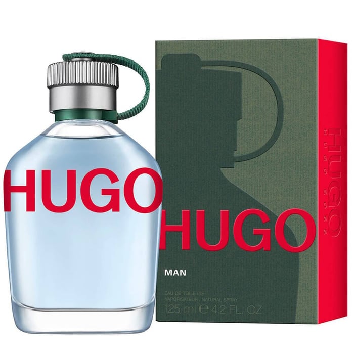HUGO Man cologne bottle with green and red box packaging featuring the brand logo