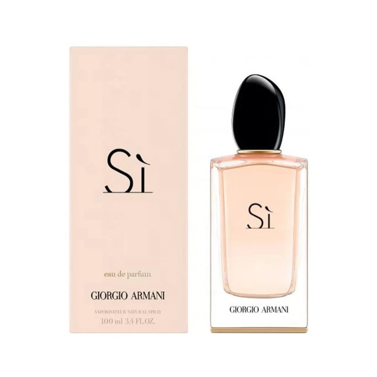 Giorgio Armani Si eau de parfum bottle and box, featuring a black cap and peach-colored liquid, 100ml size