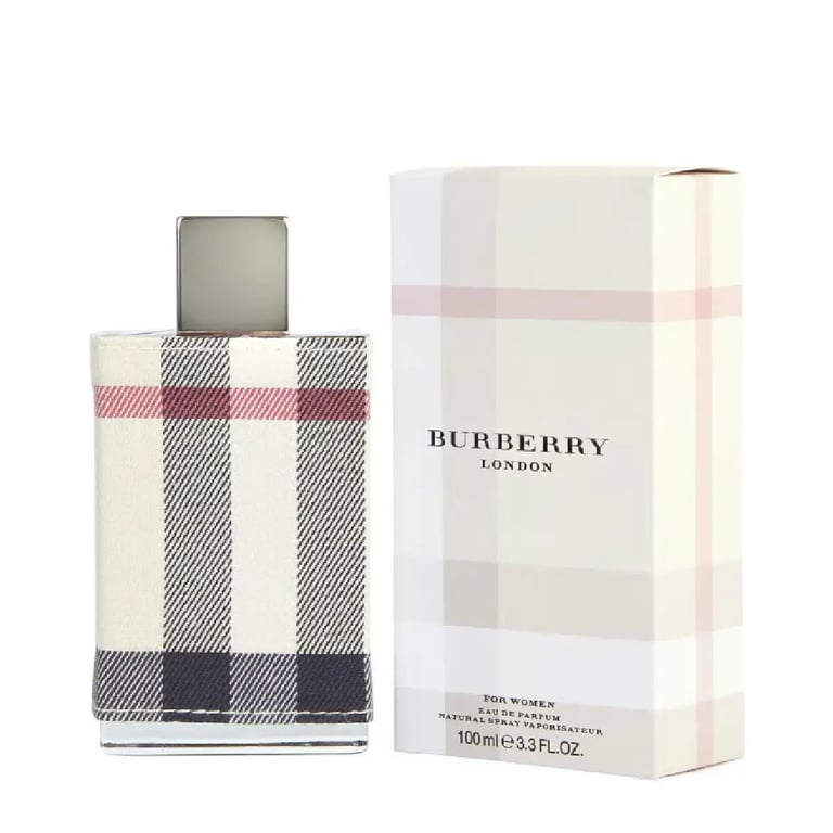 Burberry London perfume bottle with classic plaid pattern next to its white box packaging