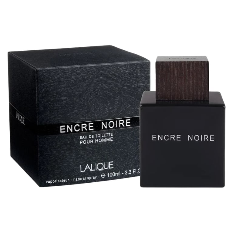 Lalique Encre Noire eau de toilette bottle with dark textured box, 100ml pour homme fragrance