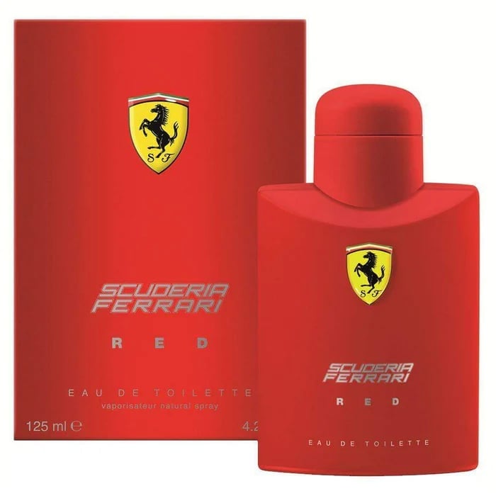 Scuderia Ferrari Red eau de toilette bottle and box with Ferrari shield logo on red background