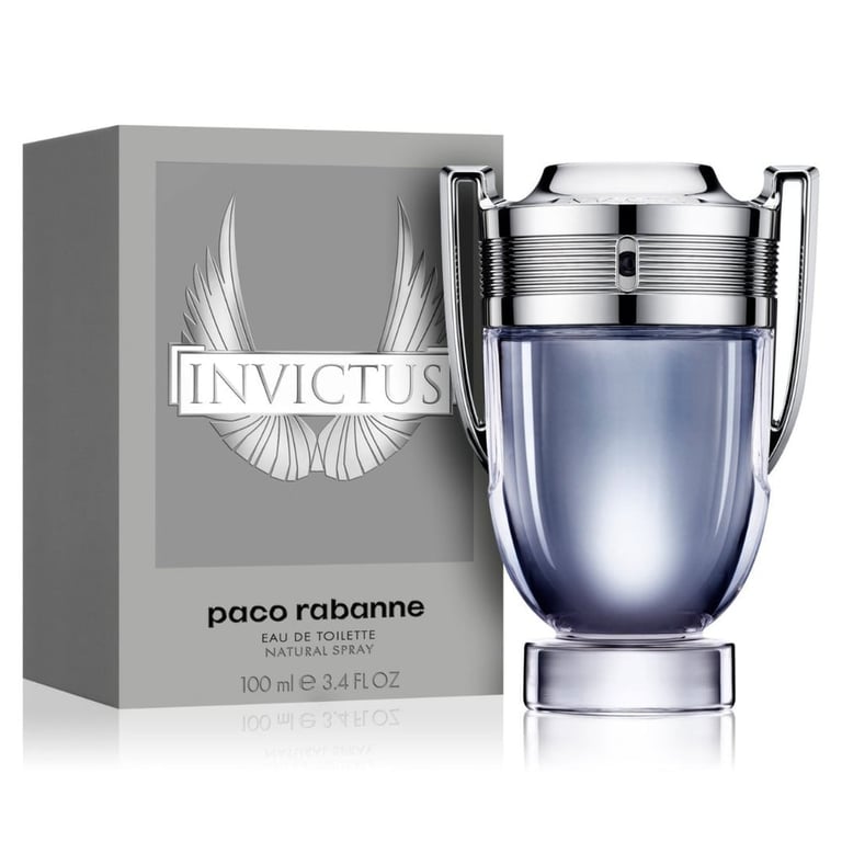 Paco Rabanne Invictus cologne bottle and gray packaging box with winged logo design