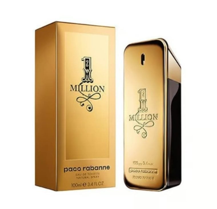 Paco Rabanne 1 Million cologne bottle and gold packaging box displayed side by side