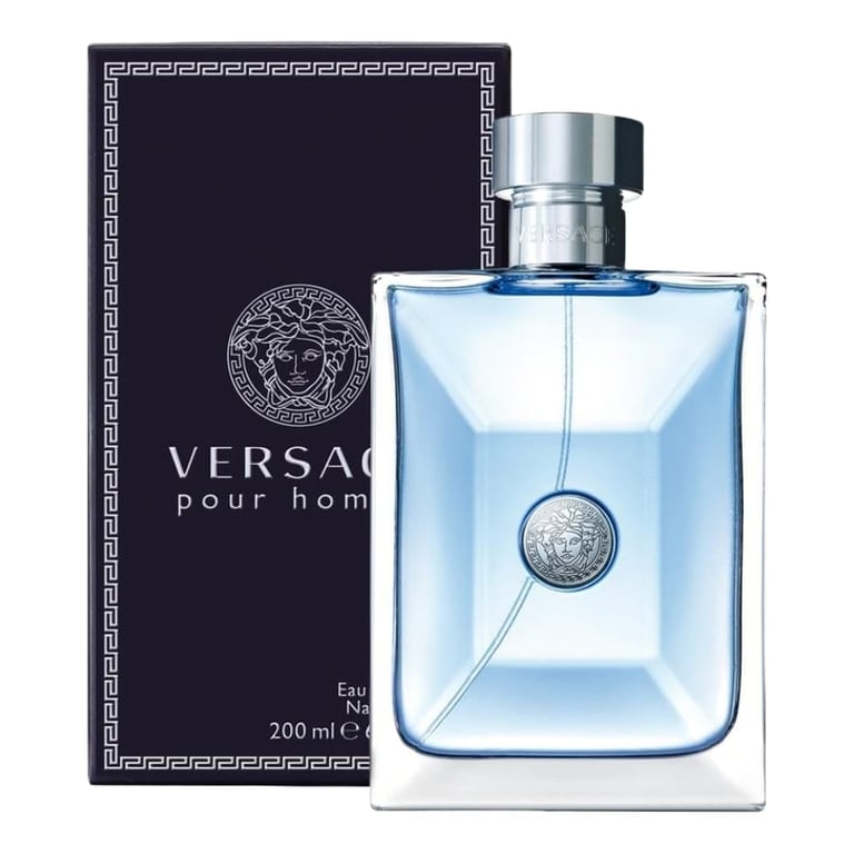 Versace Pour Homme cologne bottle with its dark navy packaging box featuring the brands Medusa logo