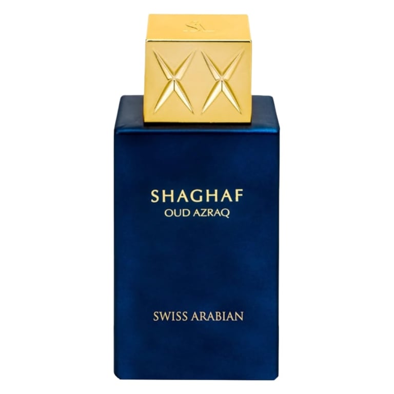 Shaghaf Oud Azraq perfume bottle with navy blue glass and gold geometric cap by Swiss Arabian