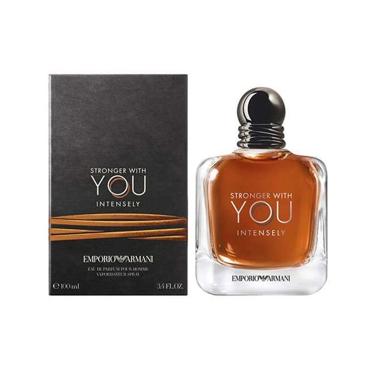 Emporio Armani Stronger With You Intensely fragrance bottle and packaging box displayed together