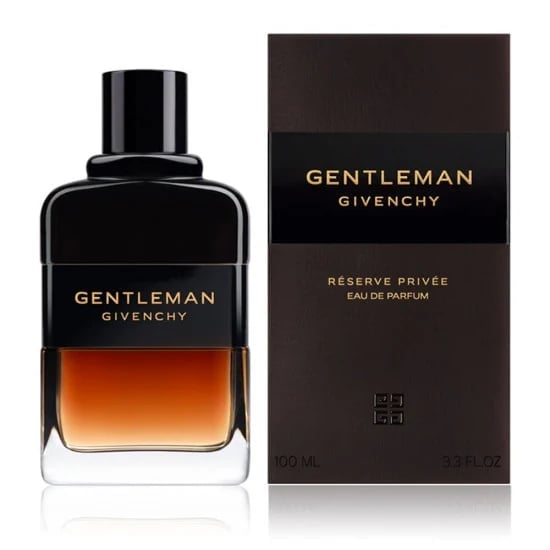 Gentleman Givenchy Reserve Privee eau de parfum bottle and box, featuring dark glass bottle with amber liquid and black packaging
