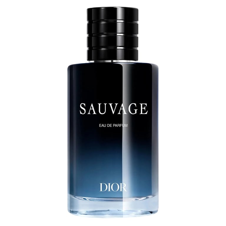 Dior Sauvage Eau de Parfum fragrance bottle with black cap and gradient blue to clear liquid design