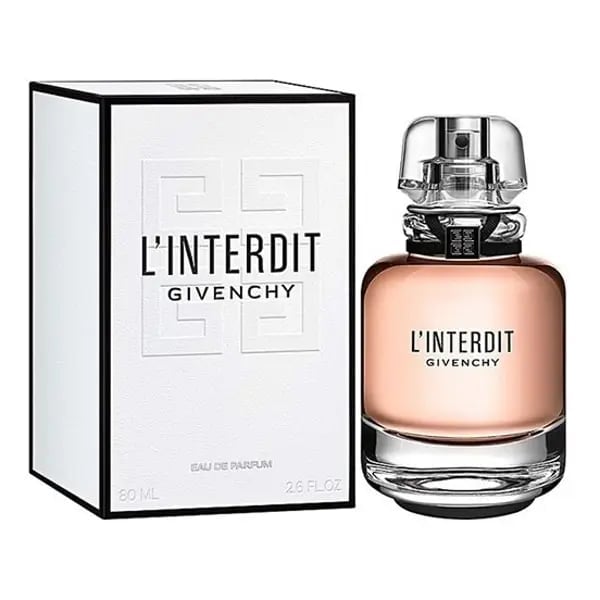 Givenchy LInterdit perfume bottle next to its white and black product box packaging