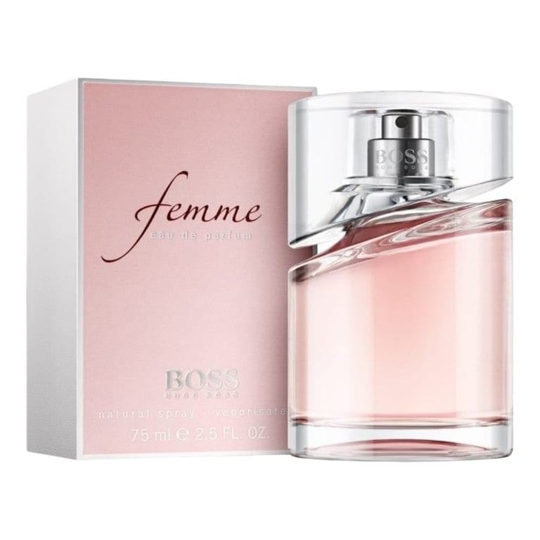 Femme by Hugo Boss perfume bottle with pink liquid next to its white and pink packaging box