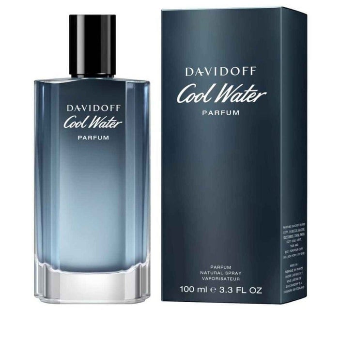 Davidoff Cool Water Parfum bottle and dark blue box packaging, 100ml size
