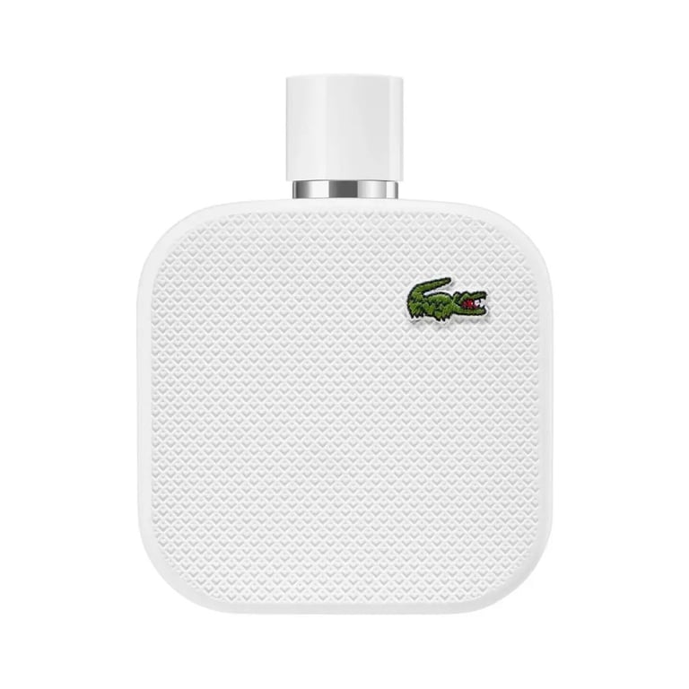 White square perfume bottle with textured surface and crocodile logo on front