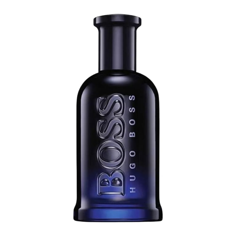 Hugo Boss Bottled Night dark glass perfume bottle with blue gradient base and label against white background
