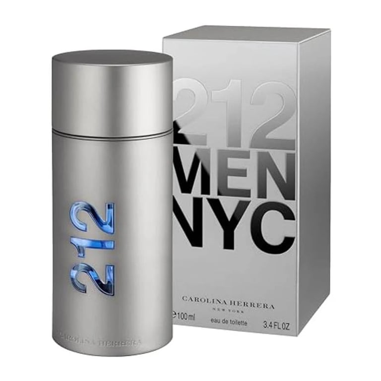212 Men NYC cologne bottle and box by Carolina Herrera, featuring a silver cylindrical spray bottle next to its gray packaging