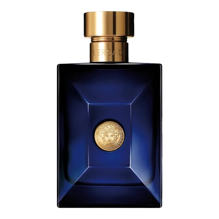 Luxury perfume bottle with deep blue rectangular design and gold-toned cap featuring a decorative gold coin emblem on the front