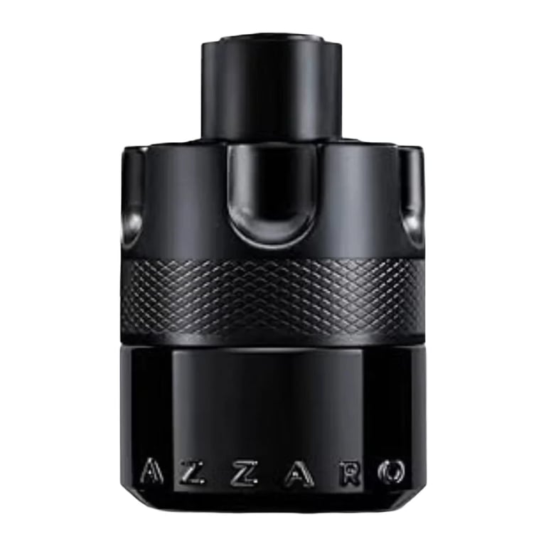 Black Azzaro mens cologne bottle with textured middle band and silver accents