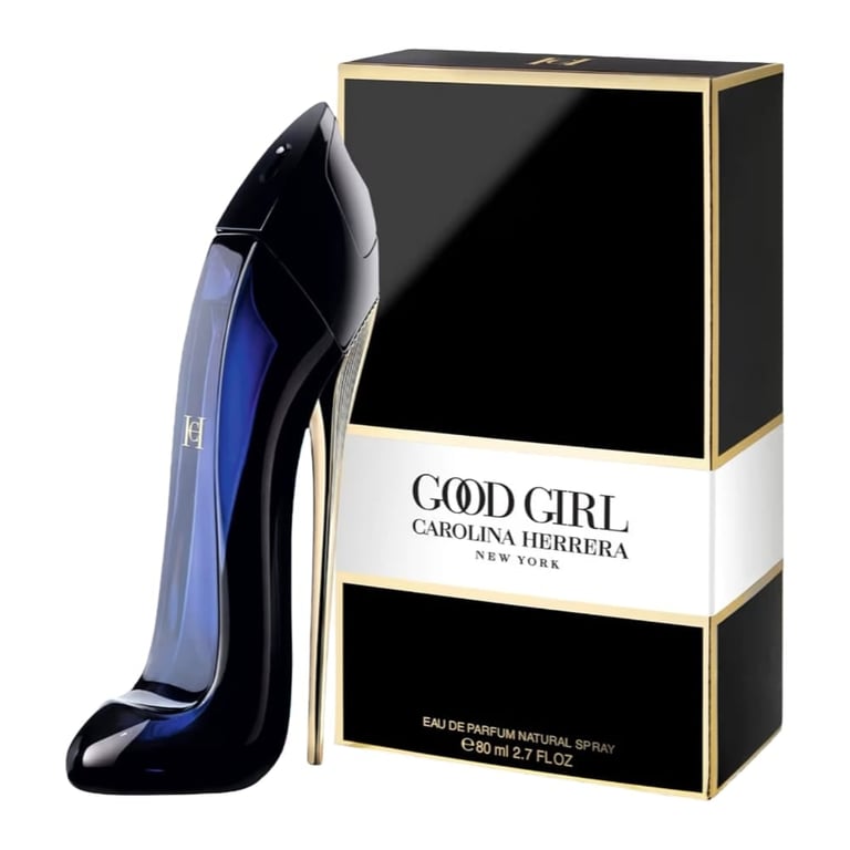 Good Girl perfume by Carolina Herrera with blue glass bottle and black packaging box