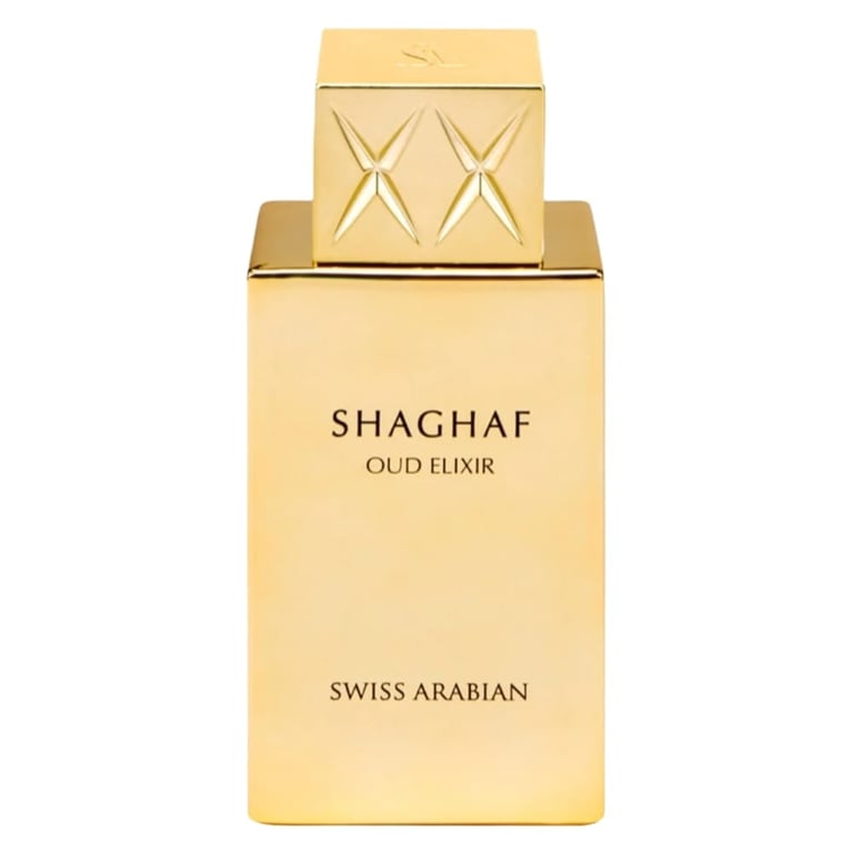 Shaghaf Oud Elixir fragrance bottle by Swiss Arabian with gold rectangular design and geometric cap