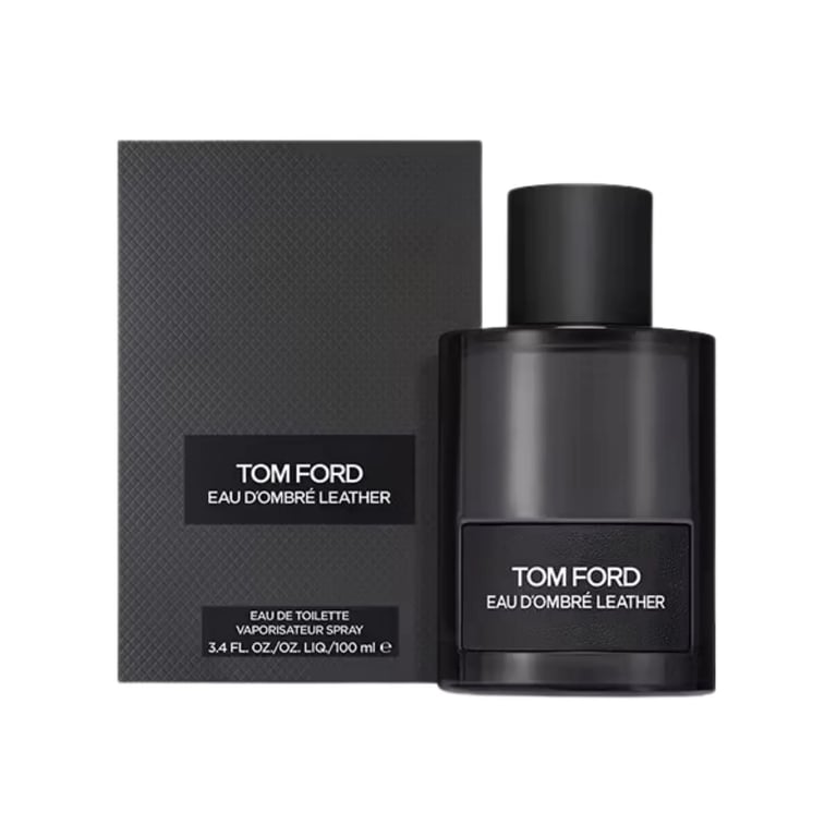 Tom Ford Eau DOmbre Leather fragrance bottle and box set against white background