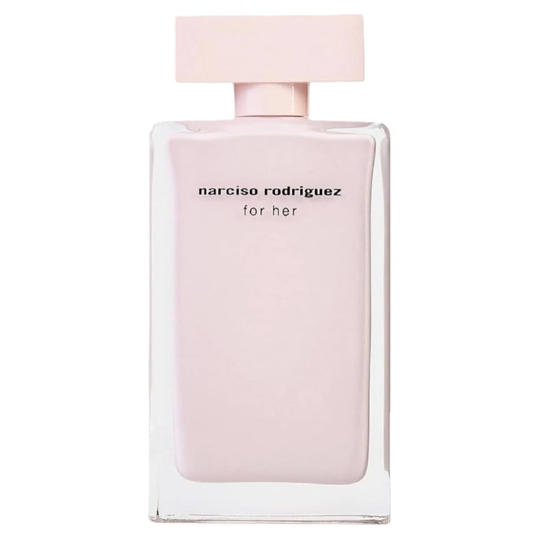 Narciso Rodriguez For Her perfume bottle with pale pink cap and frosted glass rectangular bottle