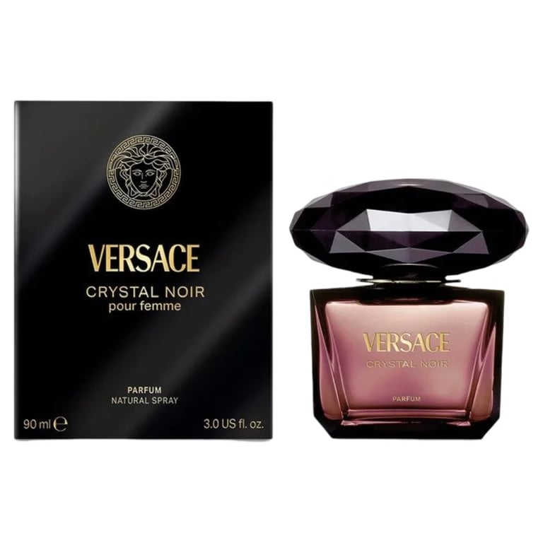 Versace Crystal Noir parfum bottle with black cap next to its packaging box, 90ml size