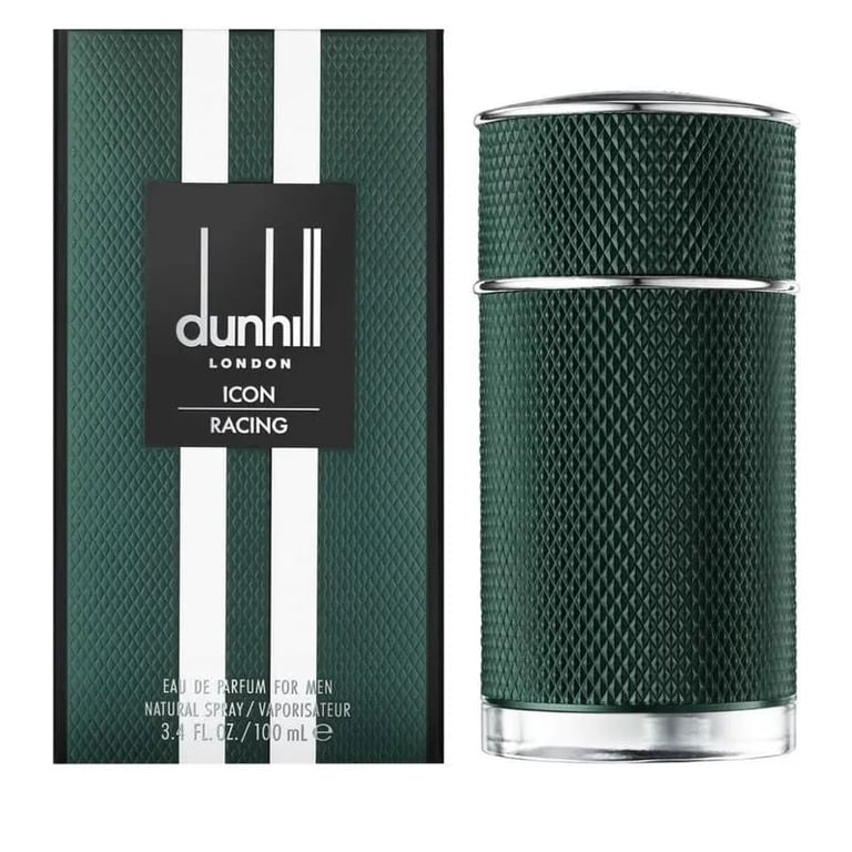 Dunhill London Icon Racing cologne bottle and green box packaging with textured pattern design