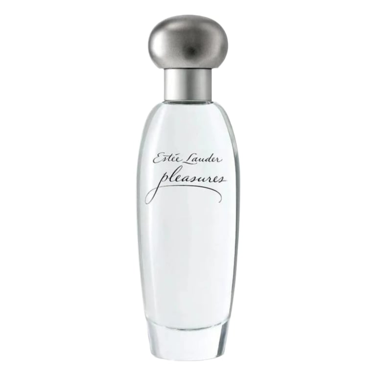 Estee Lauder Pleasures perfume bottle with silver cap on white background