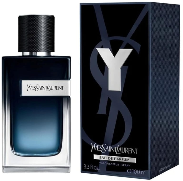 Yves Saint Laurent Y eau de parfum bottle and black box packaging with YSL logo