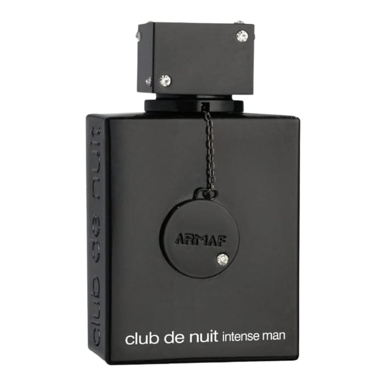 Club de Nuit Intense Man perfume bottle with dark cap and hanging fragrance tag charm