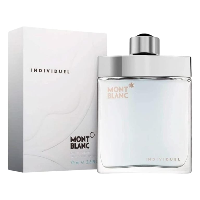 Montblanc Individuel cologne bottle and white box packaging displayed together
