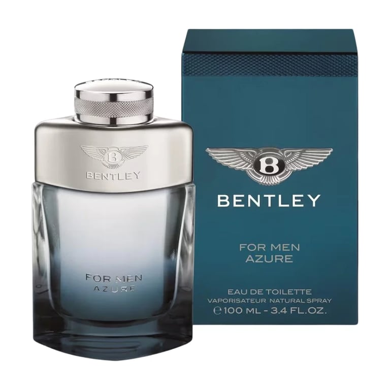 Bentley for Men Azure eau de toilette bottle and teal packaging box with winged Bentley logo