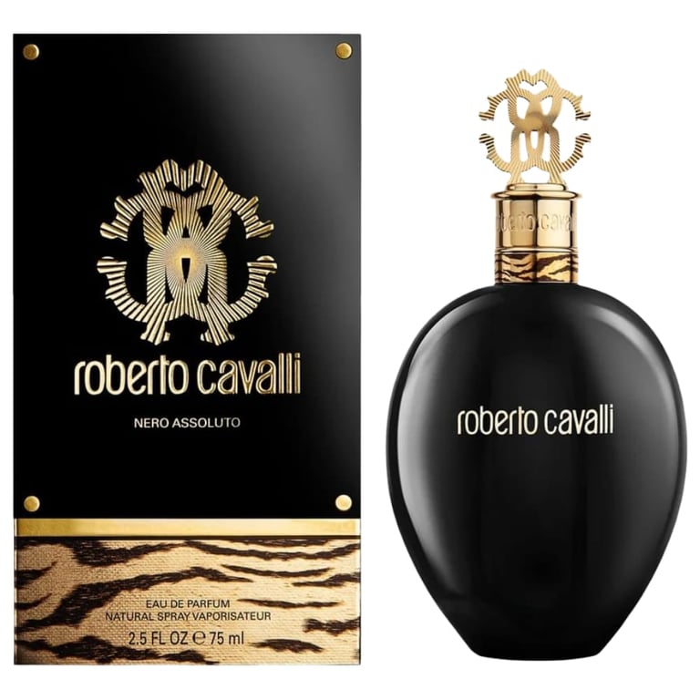 Roberto Cavalli Nero Assoluto perfume bottle and packaging displayed together against white background