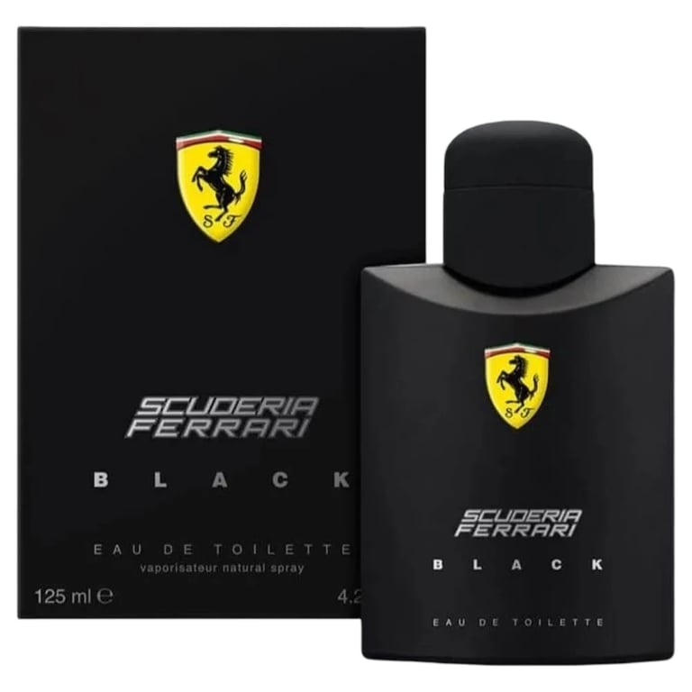 Scuderia Ferrari Black eau de toilette bottle and black box with yellow Ferrari shield logo