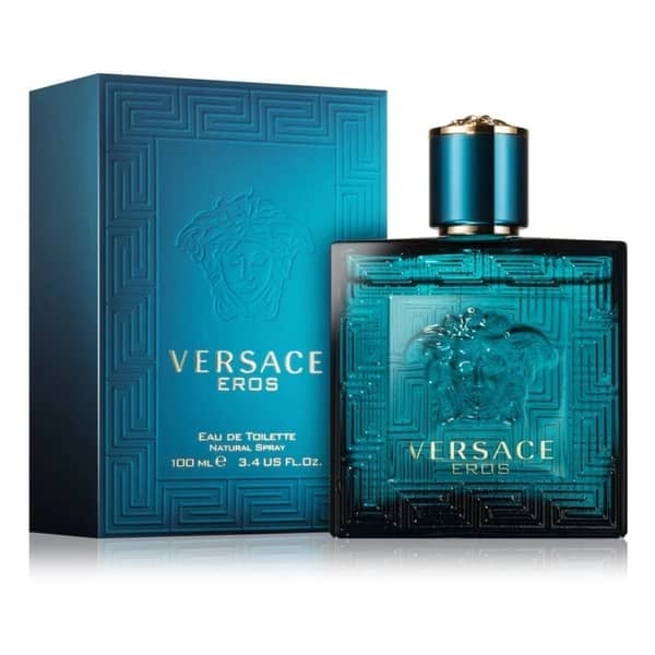 Versace Eros eau de toilette bottle and turquoise box packaging with gold accents