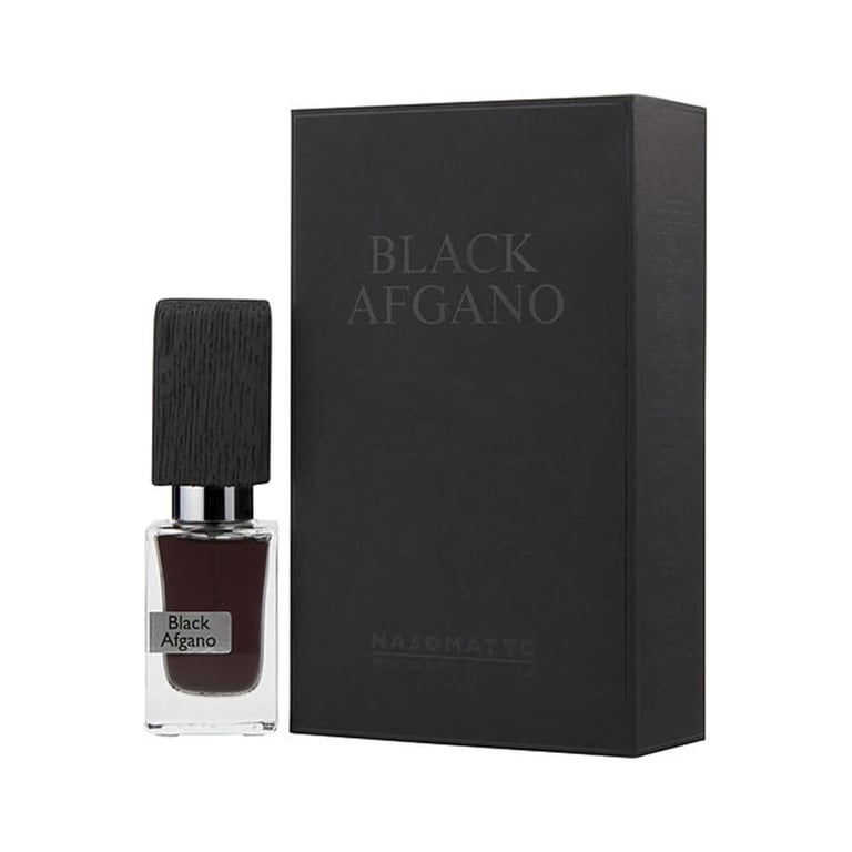 Black Afgano perfume bottle with dark liquid next to its black matte box packaging