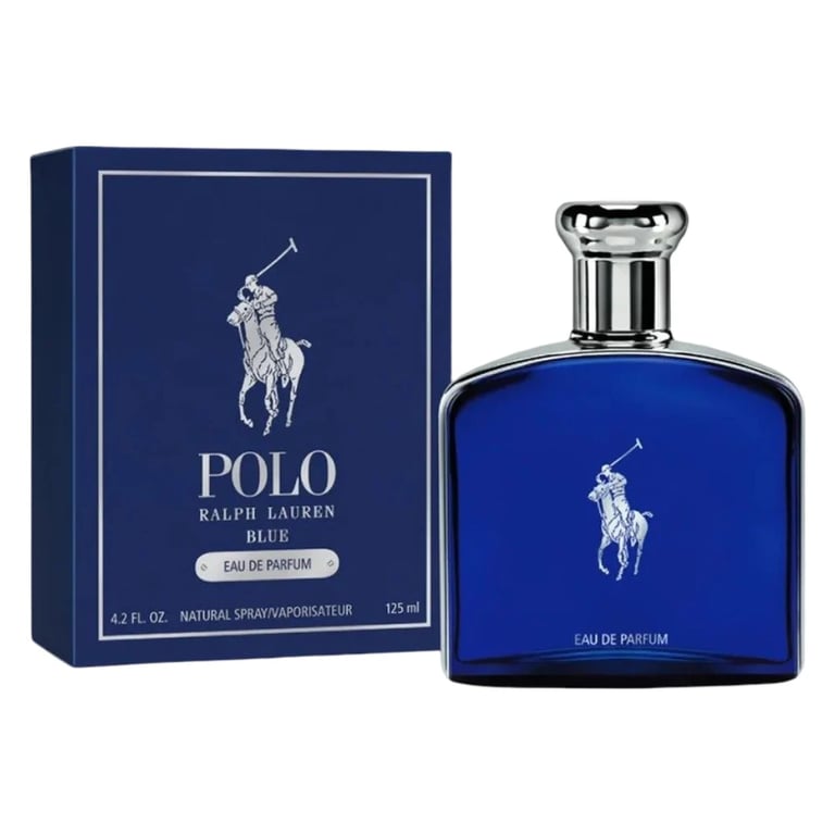 Polo Ralph Lauren Blue Eau de Parfum bottle and navy box with white polo player logo