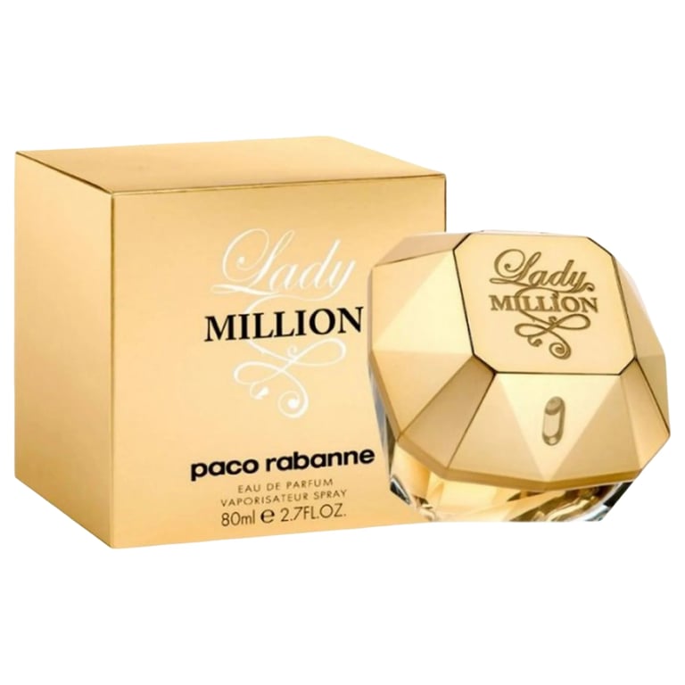 Lady Million perfume by Paco Rabanne with 80ml bottle and gold packaging box